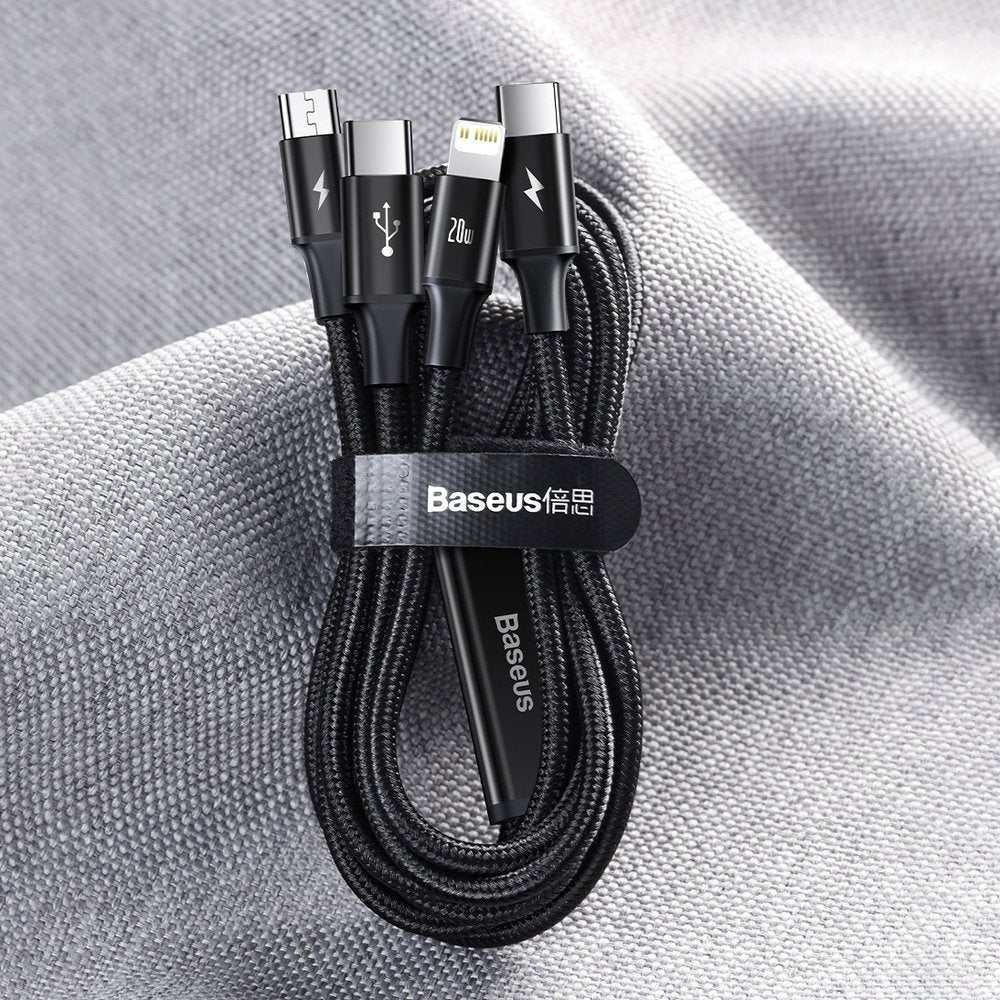USB-C - Lightning / microUSB / USB-C Baseus Rapid 3in1 ladekabel, 20W, 1.5m, Svart CAMLT-SC01