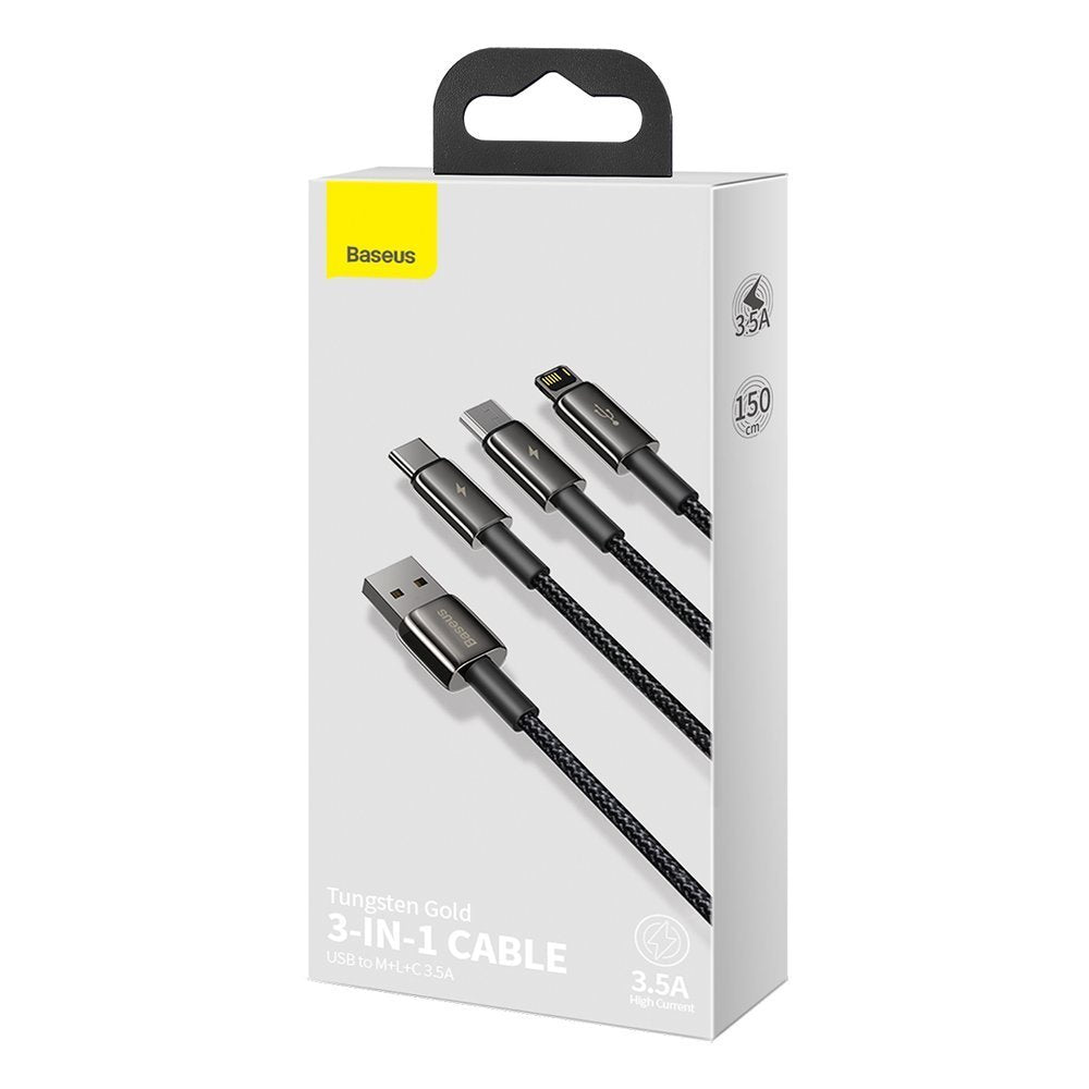 Ladekabel USB-A - Lightning / microUSB / USB-C Baseus Tungsten Gold 3in1, 18W, 1.5m, Svart CAMLTWJ-01