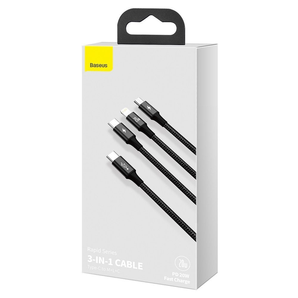 USB-C - Lightning / microUSB / USB-C Baseus Rapid 3in1 ladekabel, 20W, 1.5m, Svart CAMLT-SC01