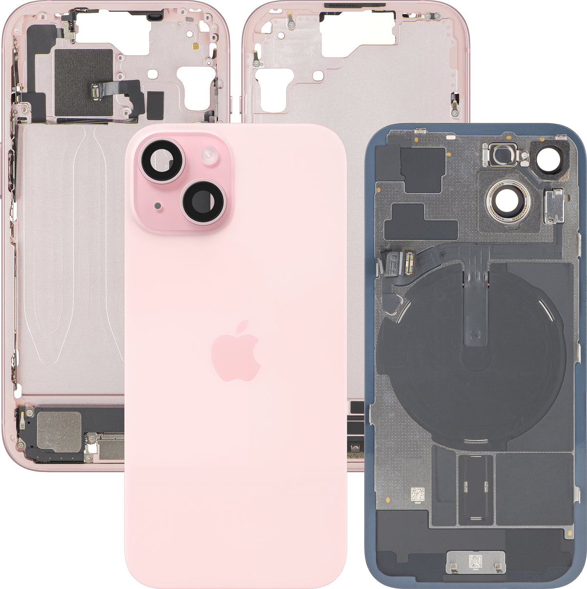 Apple iPhone 15 Batterideksel, med midtre ramme, komplette deler, rosa, premium bytte
