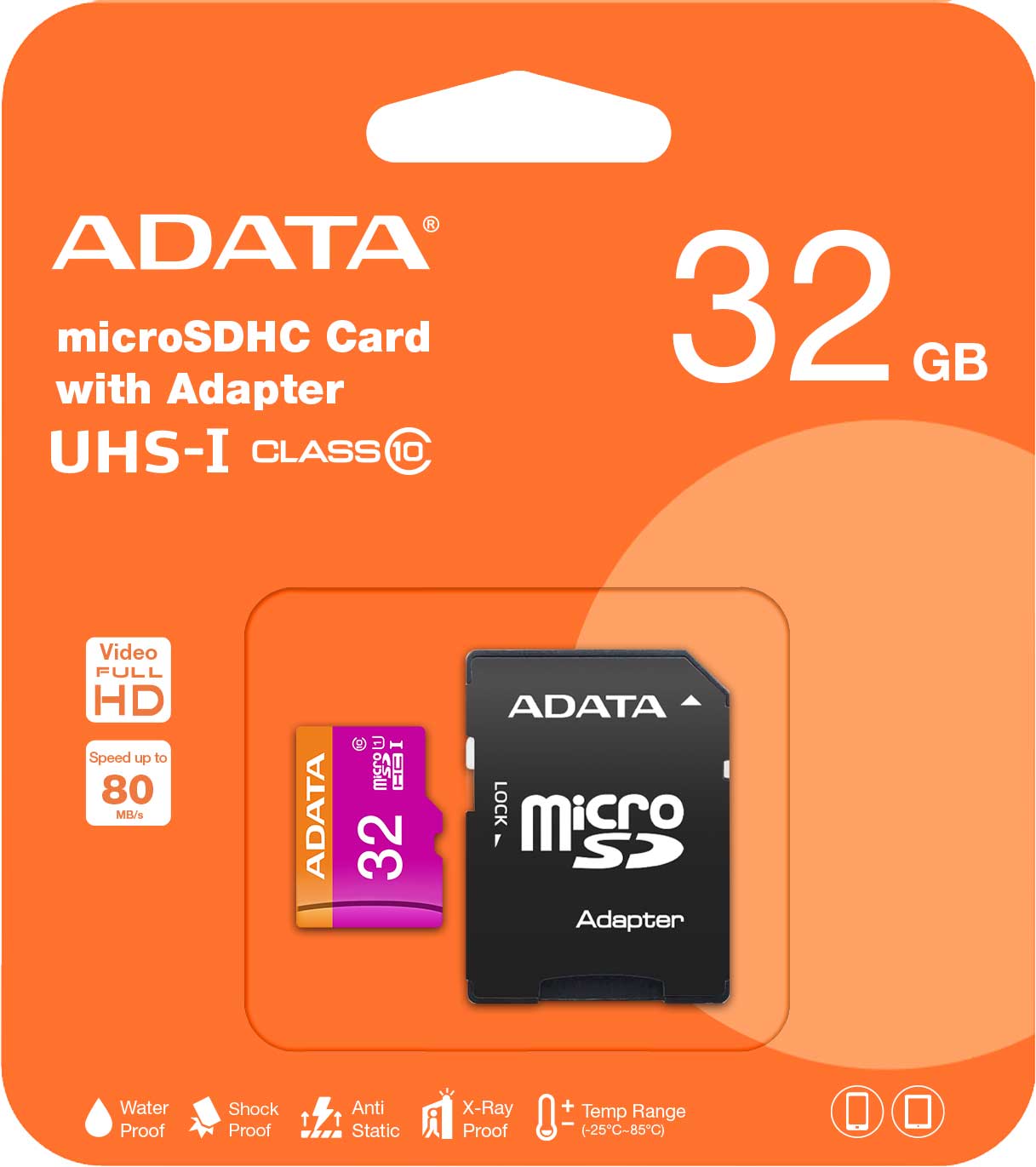 Adata microSDHC-minnekort, 32 GB, klasse 10 / UHS-1 U1, med adapter AUSDH32GUICL10-RA1 AUSDH32GUICL10-RA1