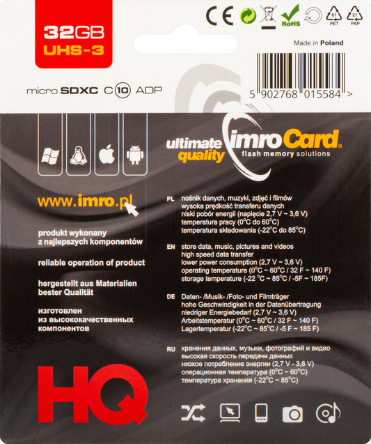 Minnekort microSDHC Imro, 32Gb, Klasse 10 / UHS-1 U3, Med Adapter