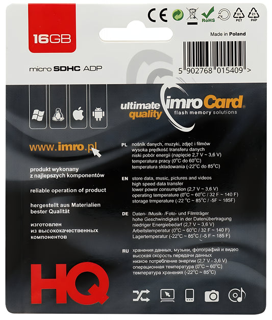 Minnekort microSDHC Imro, 16Gb, Klasse 4, Med Adapter