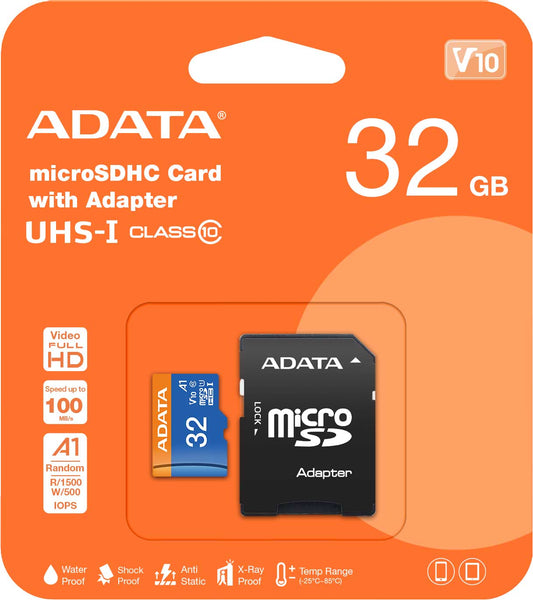 Adata microSDXC minnekort, 32 GB, klasse 10 / UHS-1 U1, med adapter AUSDH32GUICL10A1-RA1 AUSDH32GUICL10A1-RA1