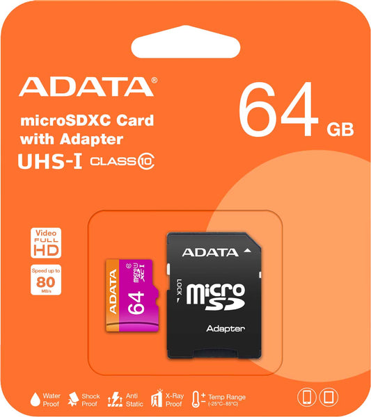 Adata microSDXC minnekort, 64 GB, klasse 10 / UHS-1 U1, med adapter AUSDX64GUICL10-RA1