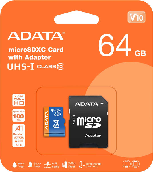 Adata microSDXC minnekort, 64 GB, klasse 10 / UHS-1 U1, med adapter AUSDX64GUICL10A1-RA1 AUSDX64GUICL10A1-RA1