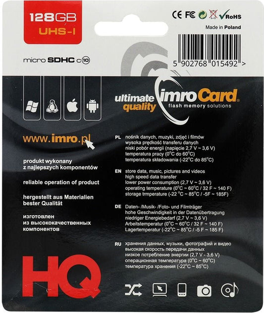 Imro microSDXC minnekort, 128GB, Klasse 10 / UHS-1 U1, med adapter