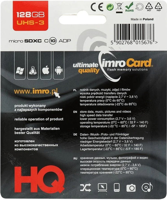 Imro microSDXC minnekort, 128Gb, Klasse 10 / UHS-1 U3, Med Adapter