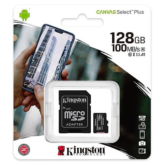 Kingston Canvas Select Plus Android A1 microSDXC Minnekort, 128Gb, Klasse 10 / UHS-1 U1, Med Adapter SDCS2/128GB