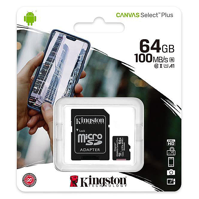 Kingston Canvas Select Plus Android A1 microSDXC Minnekort, 64Gb, Klasse 10 / UHS-1 U1, Med Adapter SDCS2/64GB