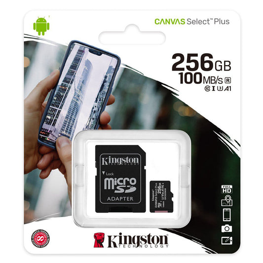 Kingston Canvas Select Plus Android A1 microSDXC minnekort Kingston Canvas Select Plus Android A1, 256 GB, klasse 10 / UHS-1 U1, med SDCS2/256 GB-adapter