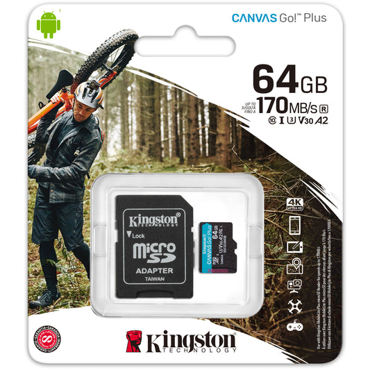 Kingston Canvas Go Plus microSDXC-minnekort Kingston Canvas Go Plus, 64 GB, klasse 10 / UHS-1 U3, med SDCG3/64 GB-adapter