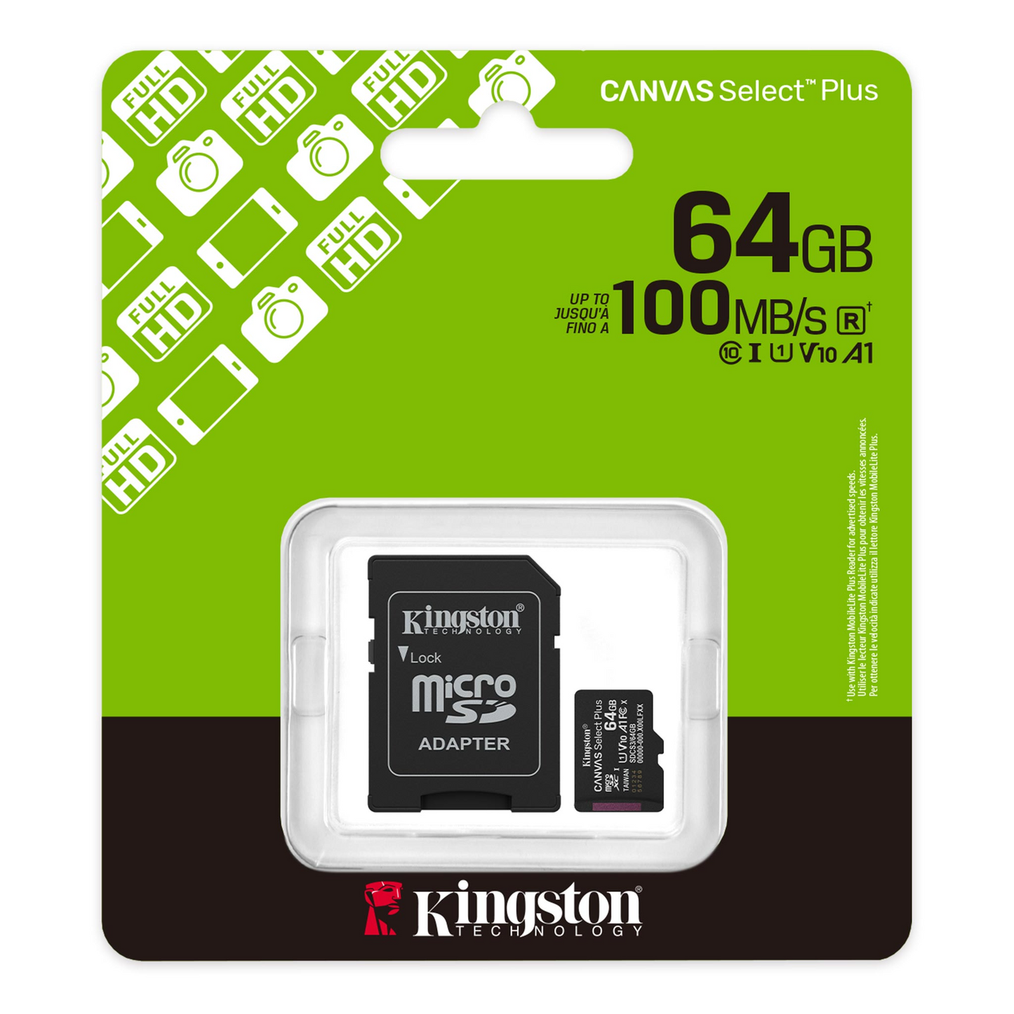 Minnekort microSDXC Kingston Canvas Select Plus Android A1, 64Gb, Klasse 10 / UHS-1 U1, Med Adapter SDCS3/64GB