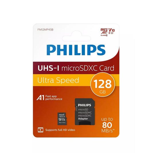 Philips microSDXC minnekort, 128GB, Klasse 10 / UHS-1 U1, Med adapter FM12MP45B/10
