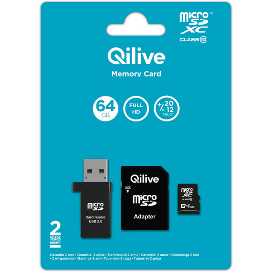 Minnekort microSDXC Qilive, 64Gb, Klasse 10, Med Kortleser og Adapter EKMSDM64GXC10QL