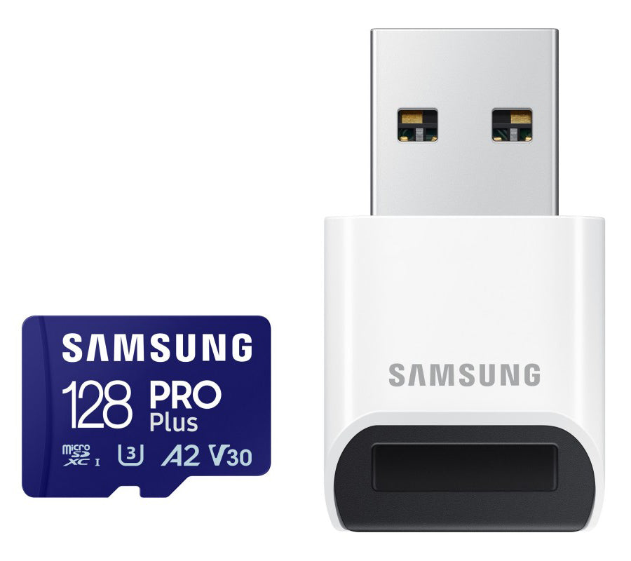 Minnekort microSDXC Samsung PRO Plus, 128GB, Klasse 10 / UHS-1 U3, med Kortleser MB-MD128SB/WW