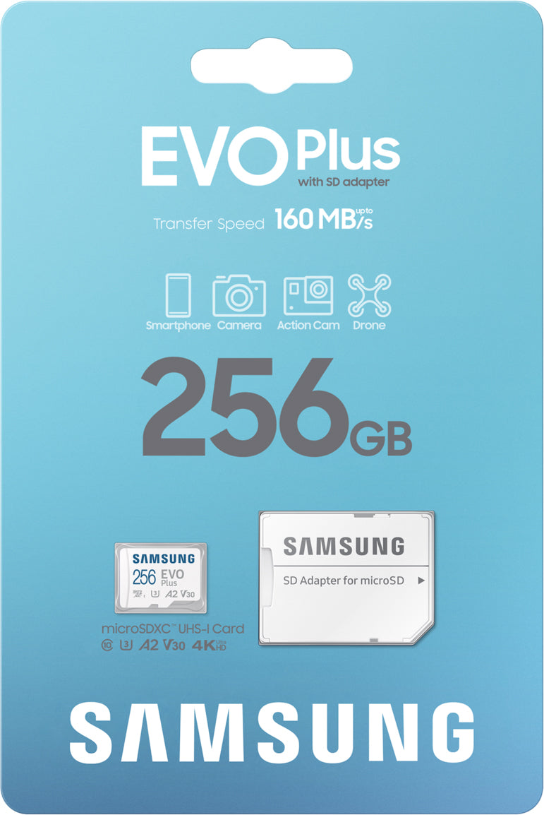 Samsung Evo Plus microSDXC-minnekort, 256 GB, Klasse 10 / UHS-1 U3, med adapter MB-MC256SA/EU