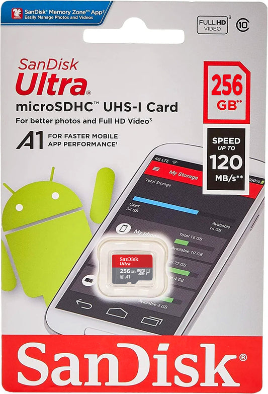 Minnekort microSDXC SanDisk Ultra Android A1, 256Gb, Klasse 10 / UHS-1 U1 SDSQUAC-256G-GN6MN