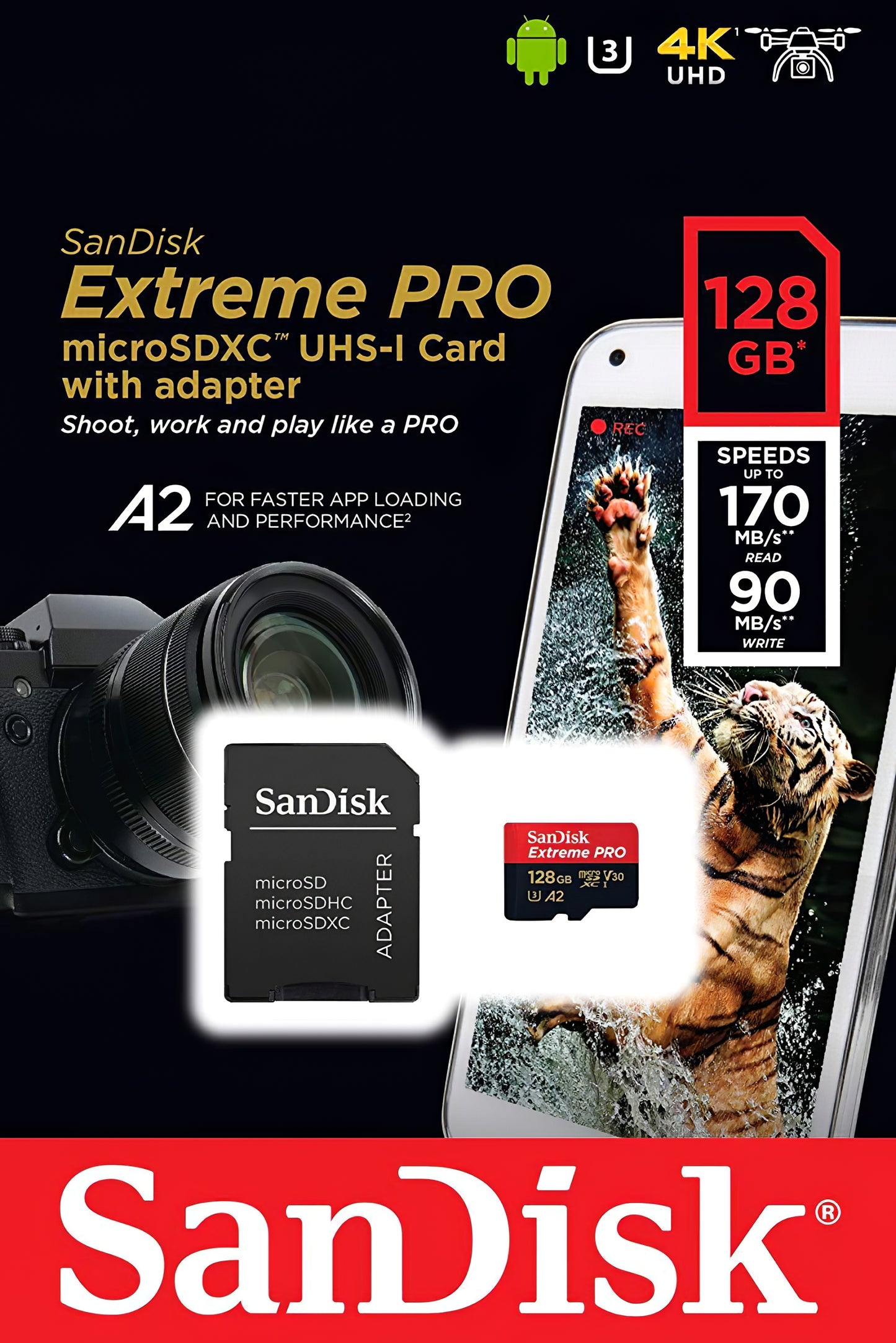 Minnekort microSDXC SanDisk Extreme Pro, 128Gb, Klasse 10 / UHS-1 U3, Med Adapter SDSQXCD-128G-GN6MA