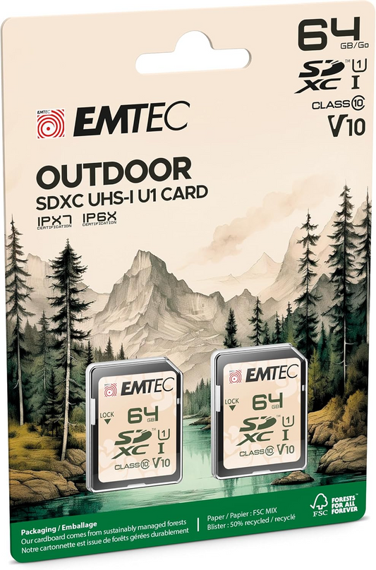 SDXC Minnekort Emtec Rugged Outdoor, 64Gb, Klasse 10 / UHS-1 U1, Sett med 2 stk ECMSD64GXCU1ORP2