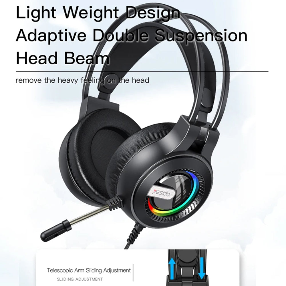 Gaminghodetelefoner 3.5mm Yesido EK02, RGB, 2.2m, Svarte
