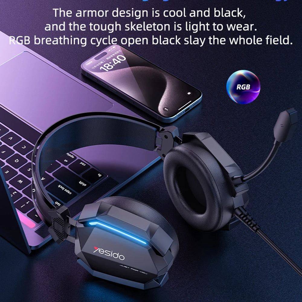 Gaming-hodetelefoner 3.5mm Yesido EK03, RGB, 2m, Svarte