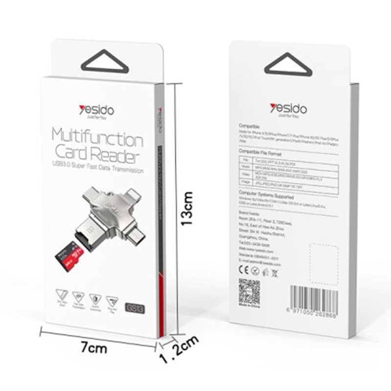 Kortleser USB / USB-C / Lightning / microUSB Yesido GS13, microSD, Sølv