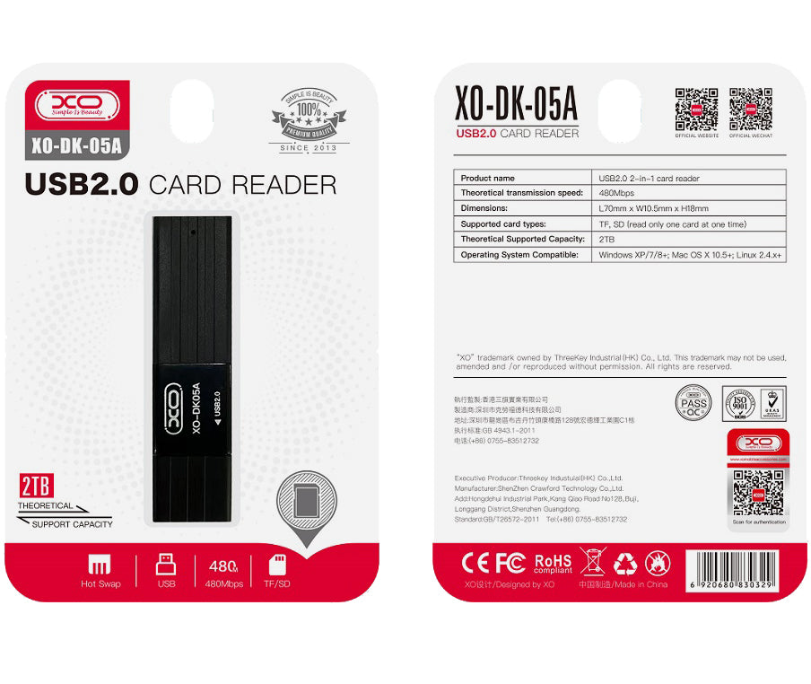 USB-kortleser XO Design DK05A, SD - microSD, svart