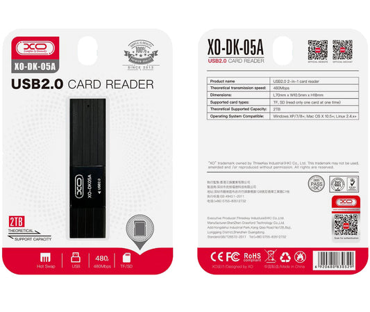 USB-kortleser XO Design DK05A, SD - microSD, svart