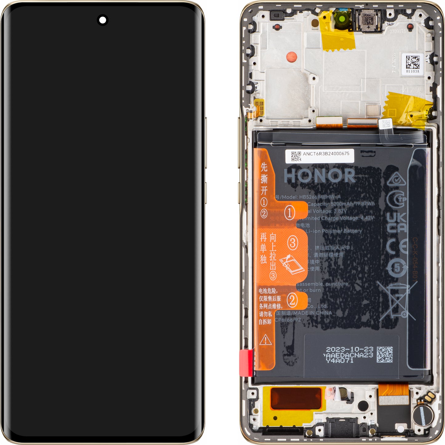 Berøringsskjerm med berøringsskjerm Honor Magic6 Lite, med ramme og batteri, oransje (soloppgangsoransje), Servicepakke 0235AHHS Servicepakke 0235AHHS