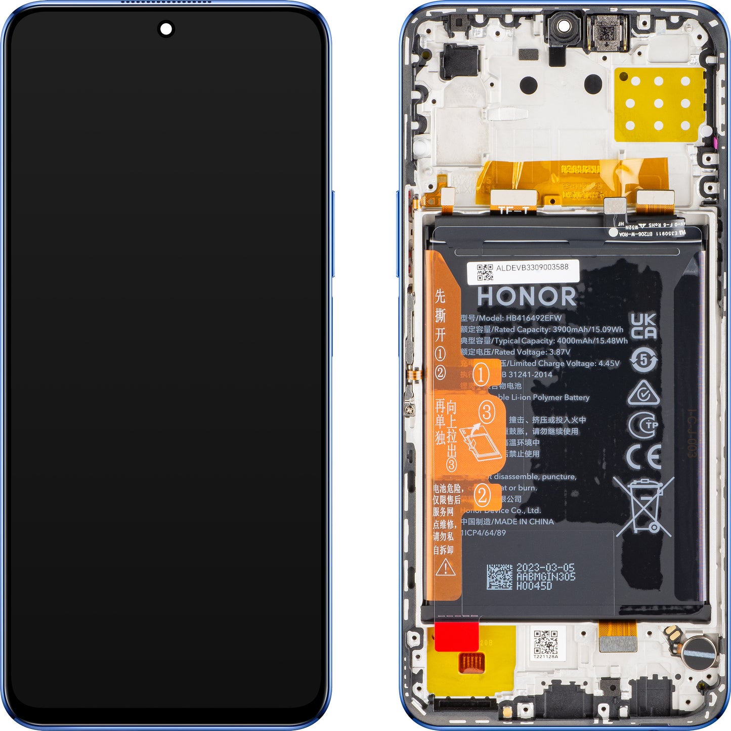 Berøringsskjerm Berøringsskjerm Honor X8 4G, med ramme og batteri, Blå (Ocean Blue), Servicepakke 0235ACDR
