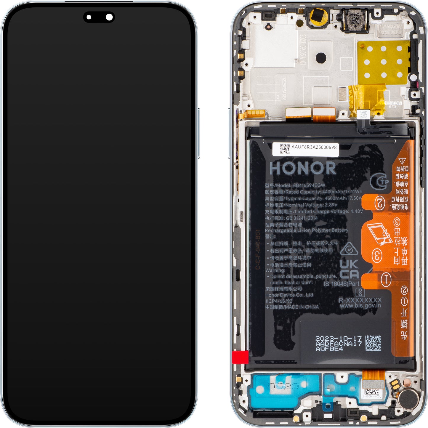 Display med Touchscreen Honor 200 Lite / X8b, med ramme og batteri, Sølv (Titanium Silver), Service Pack 0235AHGE