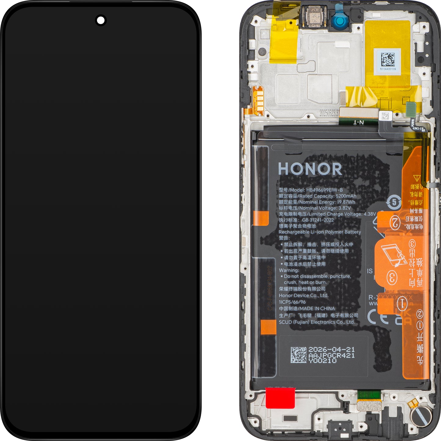 Honor X6c berøringsskjermdisplay med ramme og batteri, svart (Midnight Black), servicepakke 0235APGS