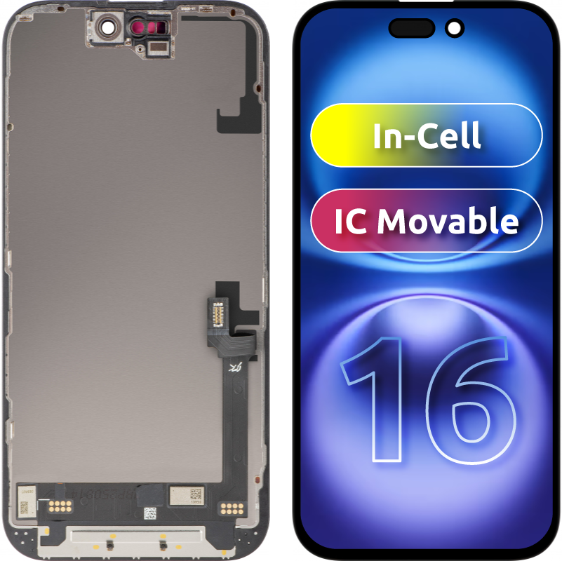 Display med Touchscreen JK for Apple iPhone 16, med ramme, LCD In-Cell IC Movable-versjon, Svart