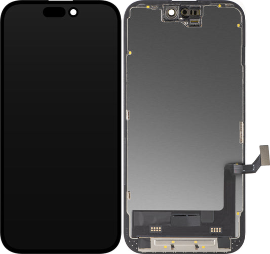 Skjerm med MP Touchscreen kompatibel med Apple iPhone 15, med ramme, Soft OLED FHD Diagnostisk versjon, Svart