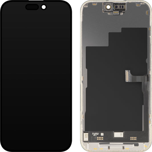 MP berøringsskjermdisplay kompatibelt med Apple iPhone 15 Pro, med ramme, Premium Soft OLED FHD 120Hz versjon, svart