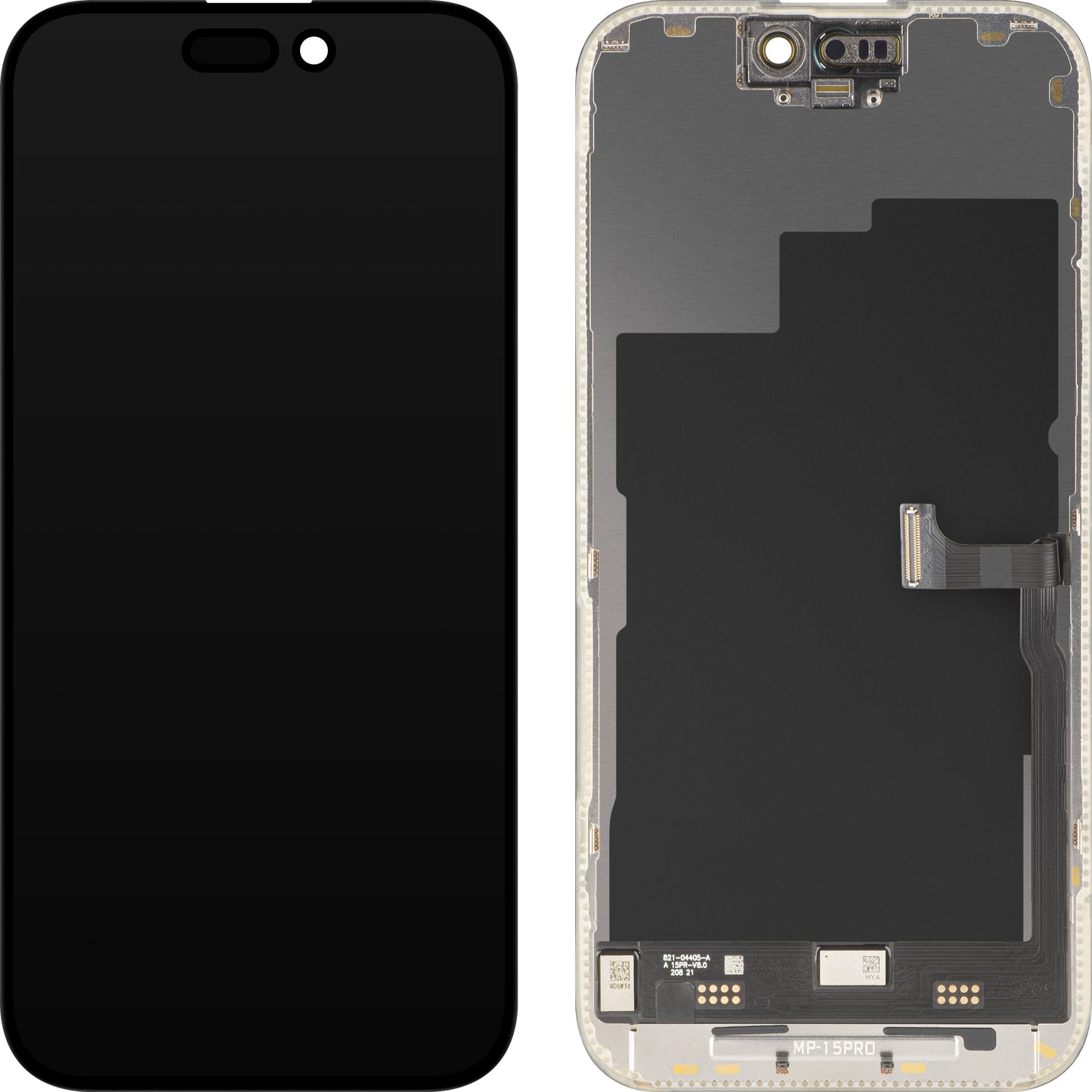 MP berøringsskjermdisplay kompatibelt med Apple iPhone 15 Pro, med ramme, Premium Soft OLED FHD 120Hz diagnostisk versjon, svart