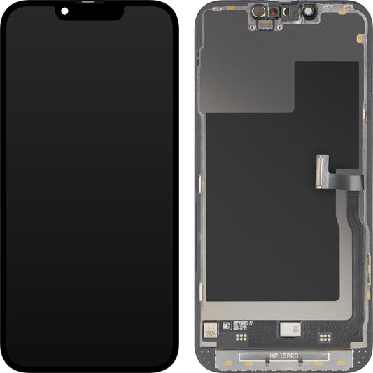 MP berøringsskjermdisplay kompatibelt med Apple iPhone 13 Pro, med ramme, Premium Soft OLED FHD 120Hz diagnostisk versjon, svart