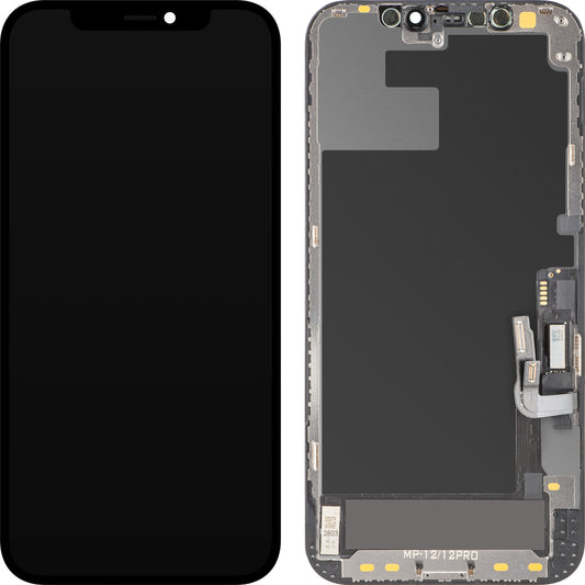 MP berøringsskjermdisplay kompatibelt med Apple iPhone 12 / 12 Pro, med ramme, OLED FHD diagnostisk programvareversjon, svart