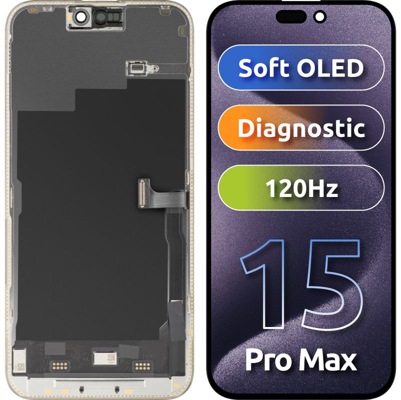 Display med MP Touchscreen kompatibel med Apple iPhone 15 Pro Max, med ramme, Soft OLED FHD 120Hz Diagnostic versjon, Svart