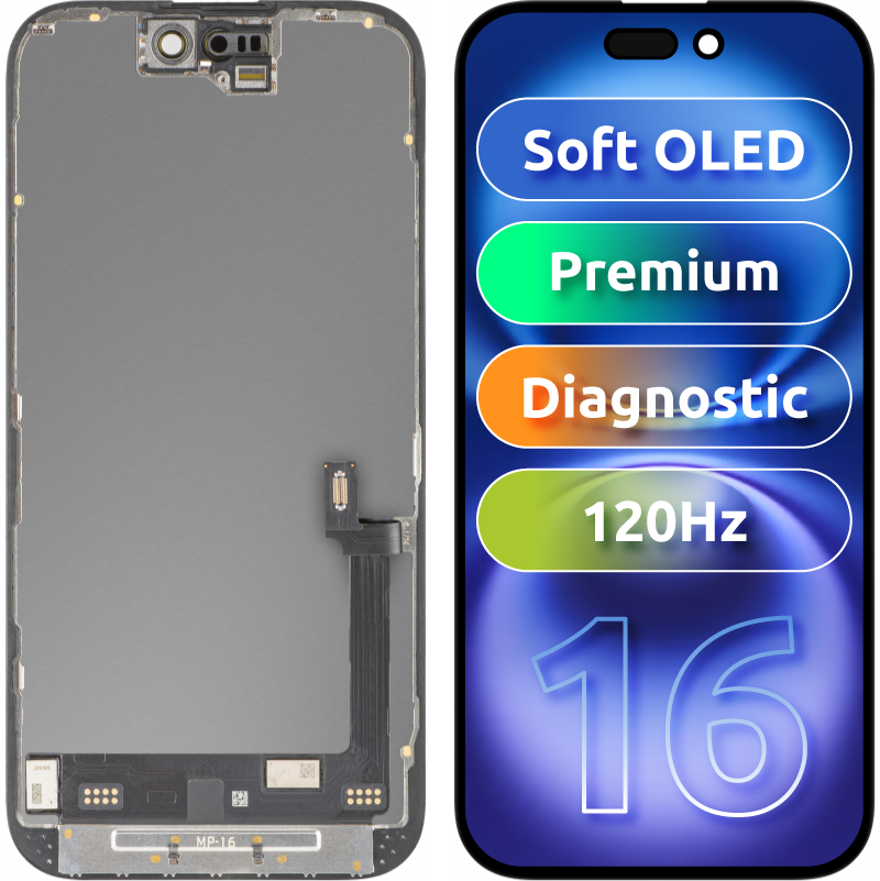 MP berøringsskjermdisplay kompatibelt med Apple iPhone 16, med ramme, Premium Soft OLED FHD 120Hz diagnostisk versjon, svart