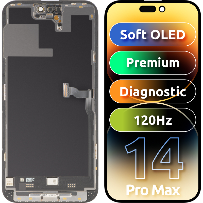 MP berøringsskjermdisplay kompatibelt med Apple iPhone 14 Pro Max, med ramme, Premium Soft OLED FHD 120Hz diagnostisk versjon, svart