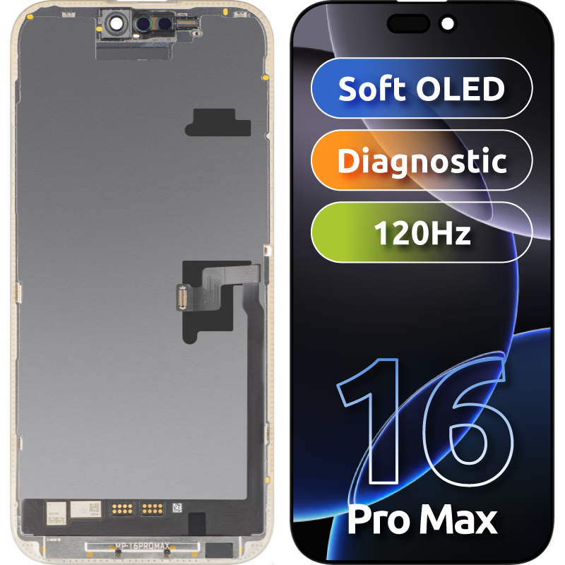 MP berøringsskjermdisplay kompatibelt med Apple iPhone 16 Pro Max, med ramme, OLED FHD diagnostisk programvareversjon, svart