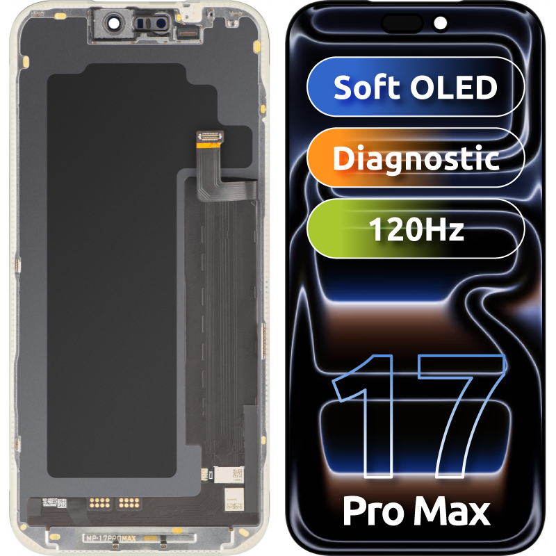 MP berøringsskjermdisplay kompatibelt med Apple iPhone 17 Pro Max, med ramme, OLED FHD diagnostisk programvareversjon, svart