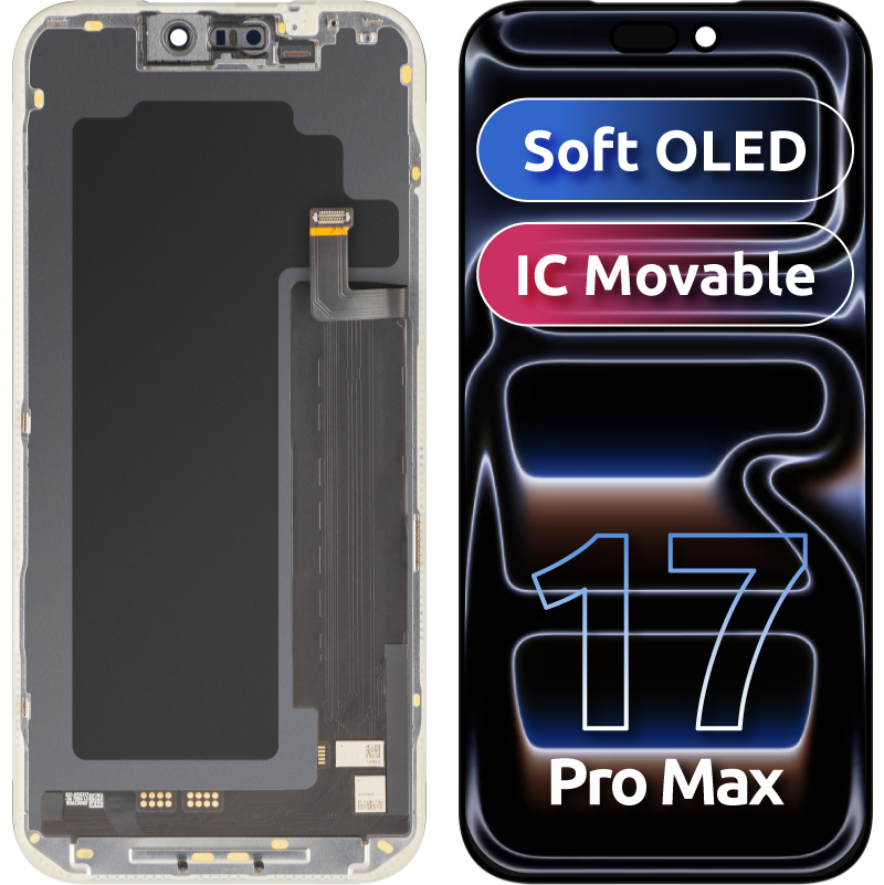 MP berøringsskjermdisplay kompatibelt med Apple iPhone 17 Pro Max, med ramme, myk versjon OLED FHD 120Hz IC flyttbar, svart