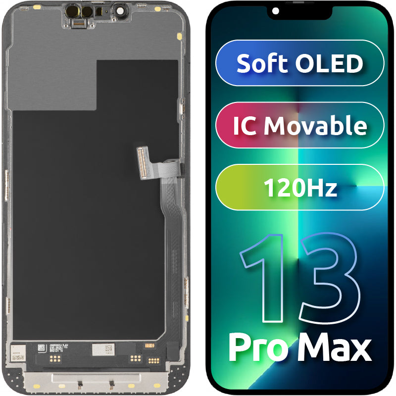 Skjerm med MP Touchscreen kompatibel med Apple iPhone 13 Pro Max, med ramme, Soft OLED FHD 120Hz IC Movable versjon, Svart