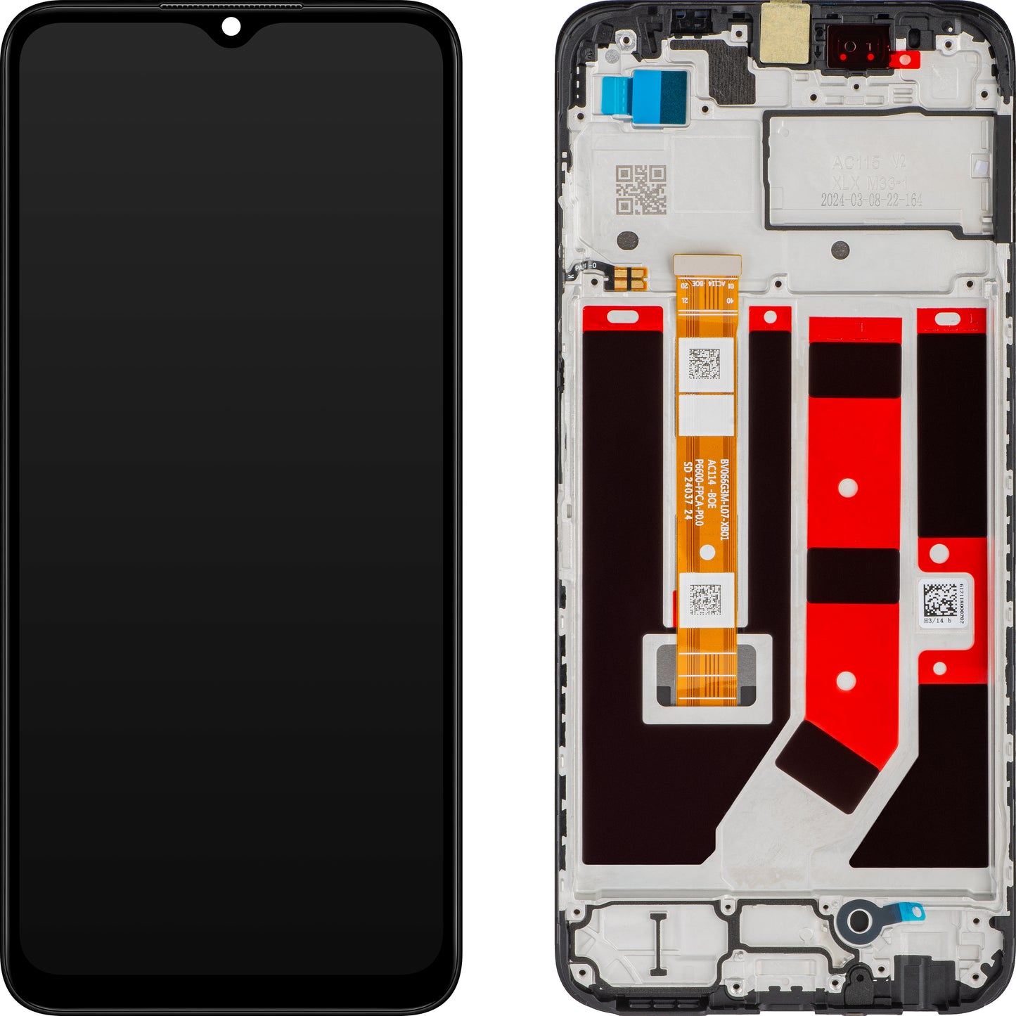 Oppo A18 / A38 berøringsskjerm med ramme, svart, servicepakke 621029000099