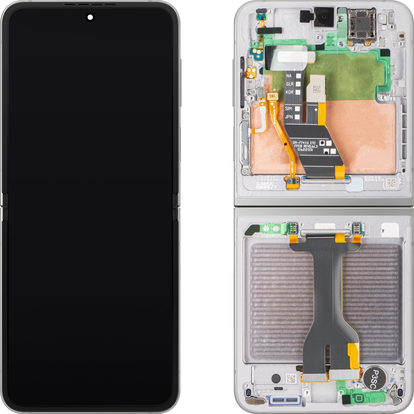 Display med Touchscreen Samsung Galaxy Z Flip6 F741, med ramme, Under Inner, Sølv (Silver Shadow), Servicepakke GH82-35013A