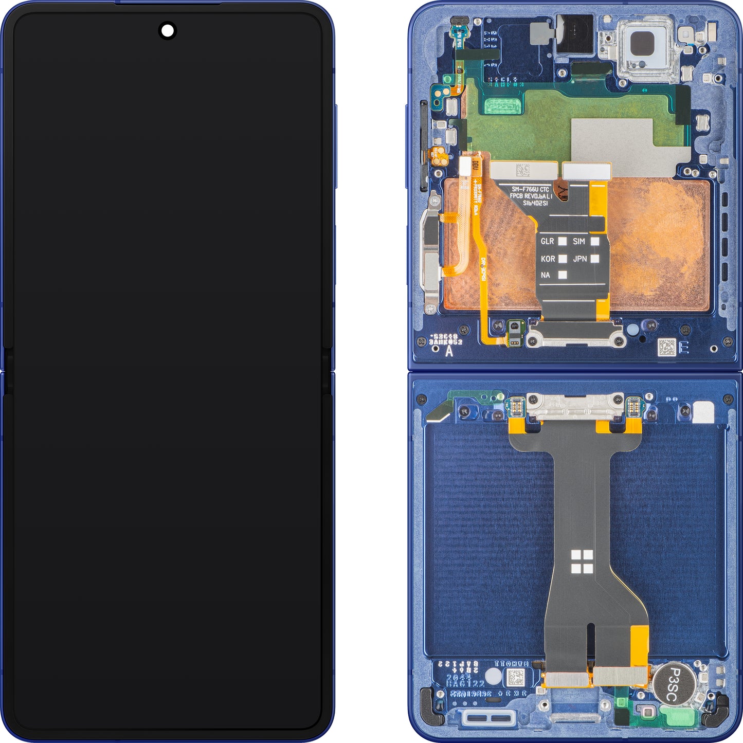Display med Touchscreen Samsung Galaxy Z Flip7 F766, Med Ramme, Under Inner, Blå (Blue Shadow), Servicepakke GH82-37581A