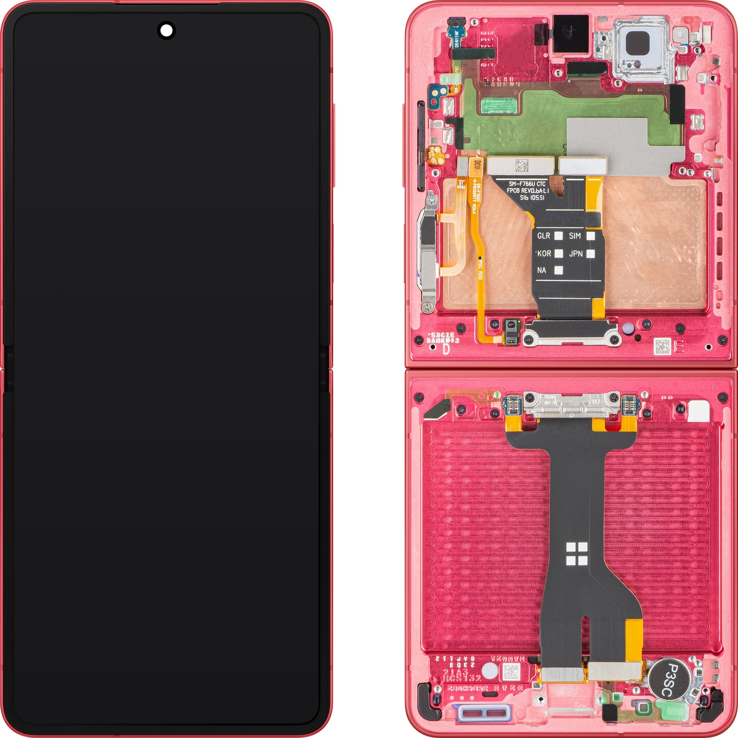 Samsung Galaxy Z Flip7 F766 berøringsskjermdisplay med ramme, underinner, korall (korallrød), servicepakke GH82-37581D